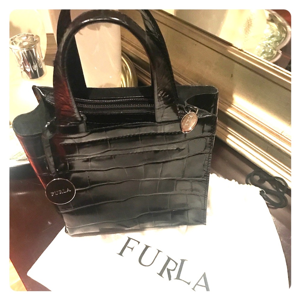 Furla leather embossed croc mini tote